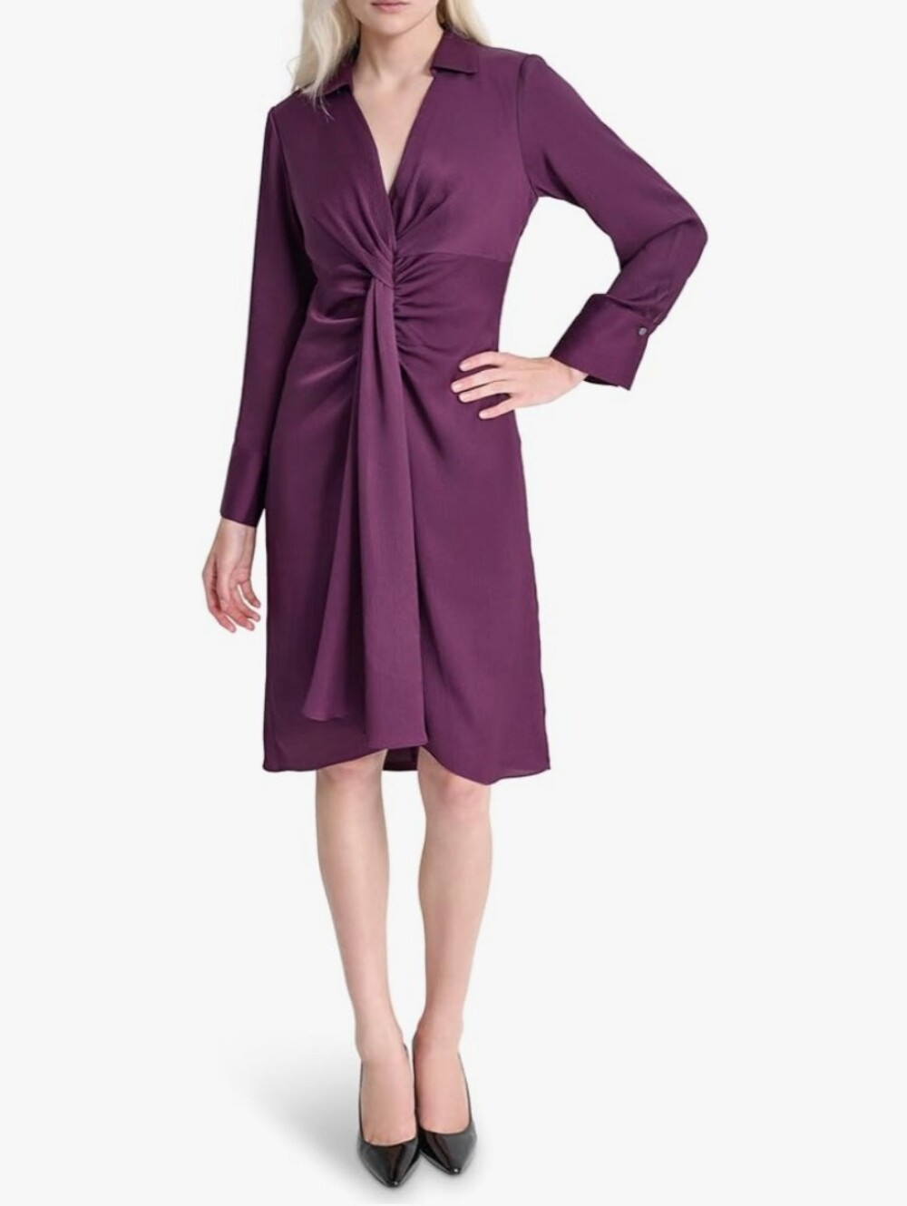 DKNY Size 4 Long Sleeve Collared Neck Knee Length Knot Front Dress NWT